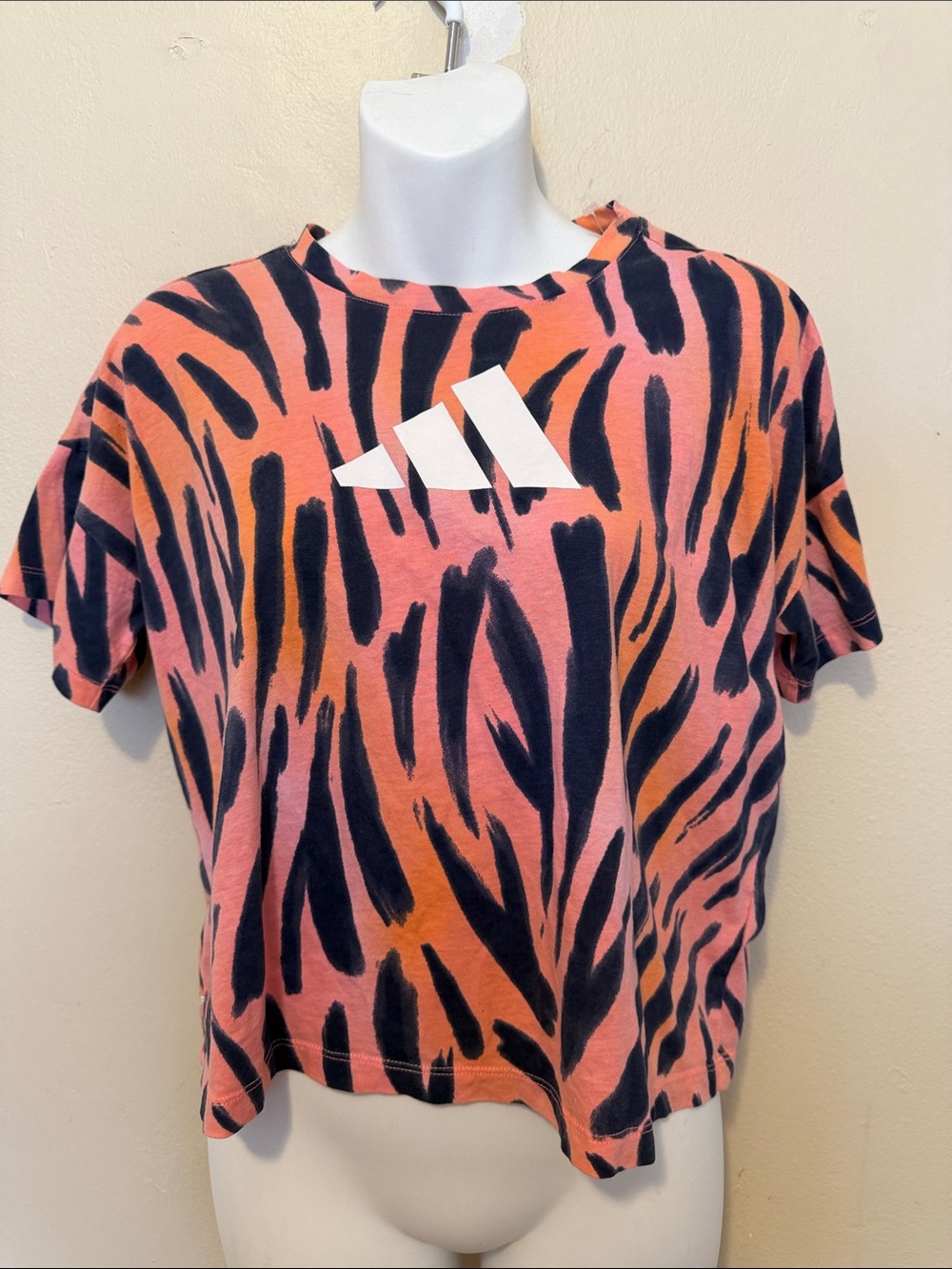 adidas Pink & Orange Zebra-Stripe Crop Tee with White Logo